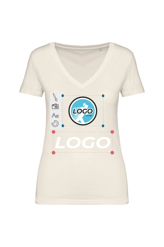 exemple de tee shirt femme col V eco responsable coton bio personnalisé crème